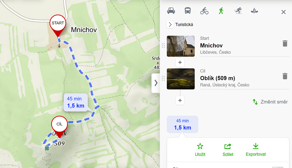mapa trasy Mnichov-Oblík